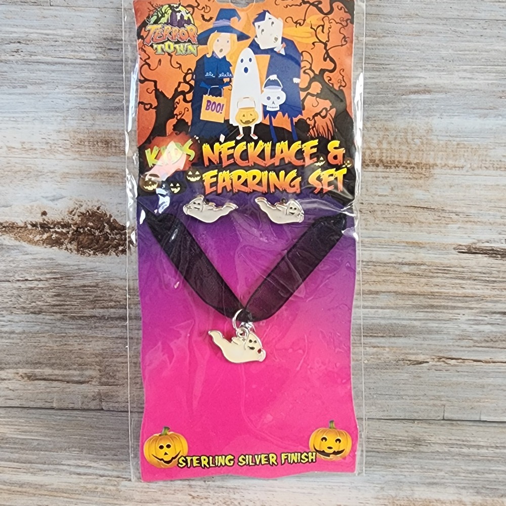 Terror Town Kids Ghost Necklace and Earring Set Halloween Sterling Silver Finish